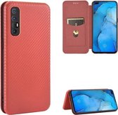 Voor OPPO Reno3 Pro Overseas-versie (India / Zuidoost-Azië) Koolstofvezeltextuur Magnetische horizontale flip TPU + pc + PU lederen hoes met kaartsleuf en lanyard (bruin)