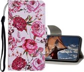 Gekleurde tekening patroon horizontale flip lederen tas met houder & kaartsleuven & portemonnee voor iPhone 12 mini (pioenroos)