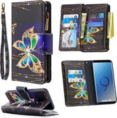 Voor Samsung Galaxy S9 Plus Gekleurde Tekening Patroon Rits Horizontale Flip Leren Case met Houder & Kaartsleuven & Portemonnee (Grote Vlinder)