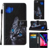 Voor iPhone SE 2020/8/7/6 Cross Texture Painting Pattern Horizontale Flip Leren Case met Houder & Kaartsleuven & Portemonnee & Lanyard (Blue Butterfly Cats Eye)
