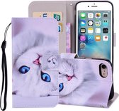 Witte Kat Patroon Gekleurde Tekening Horizontale Leren Flip Case Voor iPhone SE 2020 & 8 & 7, met Houder & Kaartsleuven & Portemonnee & Lanyard