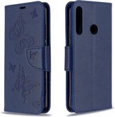 Voor Huawei P40 Lite E / Y7P Twee Vlinders Embossing Patroon Horizontale Flip Leren Case met Houder & Kaartsleuf & Portemonnee & Lanyard (Donkerblauw)