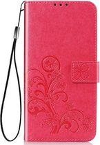 Voor Huawei Honor 30S vierbladige sluiting reliëf gesp mobiele telefoon bescherming lederen tas met lanyard & kaartsleuf & portemonnee & beugel functie (magenta)