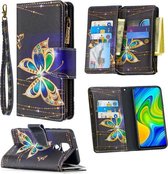 Voor Xiaomi Redmi Note 9 Gekleurde Tekening Patroon Rits Horizontale Flip Lederen Case met Houder & Kaartsleuven & Portemonnee (Grote Vlinder)