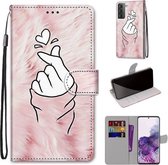 Voor Samsung Galaxy S21 + 5G Gekleurde Tekening Cross Textuur Horizontale Flip PU Lederen Case met Houder & Kaartsleuven & Portemonnee & Lanyard (Pink Hands Than Hearts)