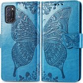 Voor OPPO A52 / A72 / A92 vlinder liefde bloem reliëf horizontale flip lederen tas met beugel / kaartsleuf / portemonnee / lanyard (blauw)