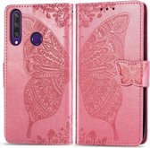 Voor Huawei Y6P vlinder liefde bloem reliëf horizontale flip lederen tas met beugel / kaartsleuf / portemonnee / lanyard (roze)