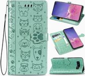 Voor Galaxy S10 Plus schattige kat en hond reliëf horizontale flip lederen tas met beugel / kaartsleuf / portemonnee / lanyard (groen)