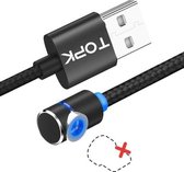 TOPK 2m 2.4A Max USB naar 90 graden elleboog magnetische oplaadkabel met LED-indicator, geen stekker (zwart)