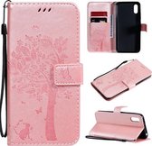 Voor Xiaomi Redmi 9A Boom & Kat Patroon Geperst Afdrukken Horizontale Flip PU Lederen Case met Houder & Kaartsleuven & Portemonnee & Lanyard (Rose Goud)