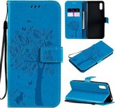 Voor Xiaomi Redmi 9A Boom & Kat Patroon Geperst Afdrukken Horizontale Flip PU Lederen Case met Houder & Kaartsleuven & Portemonnee & Lanyard (Blauw)