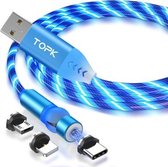 TOPK AM22 3-in-1 USB naar 8-pins + micro-USB + USB-C / Type-C 540 graden buigbare streamerbal magnetische datakabel, kabellengte: 1 m (blauw)