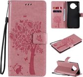 Voor Xiaomi Mi 10T Lite 5G Tree & Cat Pattern Pressed Printing Horizontale Flip PU lederen hoes met houder & kaartsleuven & portemonnee & Lanyard (roze)