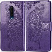 Voor One Plus 7T Pro Butterfly Love Flower Reliëf Horizontale Flip Leather Case met Bracket Lanyard Card Slot Wallet (Dark Purple)