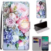 Voor Nokia 3.4 Gekleurde Tekening Cross Textuur Horizontale Flip PU Lederen Case met Houder & Kaartsleuven & Portemonnee & Lanyard (Lichtroze Boeket)