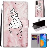 Voor Huawei P smart 2021 / Y7a Gekleurde Tekening Cross Textuur Horizontale Flip PU Lederen Case met Houder & Kaartsleuven & Portemonnee & Lanyard (Roze Handen Hart)