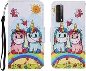 Voor Huawei P Smart 2021 / Y7a Gekleurde Tekening Patroon Horizontale Flip PU Lederen Case met Houder & Kaartsleuven & Portemonnee & Lanyard (Paar Eenhoorn)