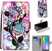 Voor Huawei Y6p Gekleurde Tekening Cross Textuur Horizontale Flip PU Lederen Case met Houder & Kaartsleuven & Portemonnee & Lanyard (kleur Achtergrond Holle Bloem)