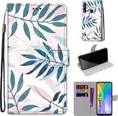 Voor Huawei Y6p Gekleurde Tekening Cross Textuur Horizontale Flip PU Lederen Case met Houder & Kaartsleuven & Portemonnee & Lanyard (roze Groen Blad)