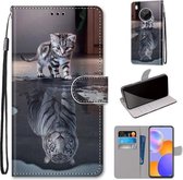 Voor Huawei Y9a Gekleurde Tekening Cross Textuur Horizontale Flip PU Lederen Case met Houder & Kaartsleuven & Portemonnee & Lanyard (Kat Wordt Tijger)