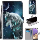 Voor Samsung Galaxy A32 5G Gekleurde Tekening Cross Textuur Horizontale Flip PU Lederen Case met Houder & Kaartsleuven & Portemonnee & Lanyard (Peinzende Wolf)