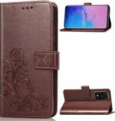 Voor Galaxy S20 Ultra Lucky Clover Pressed Flowers Pattern Leather Case met houder & kaartsleuven & portemonnee & draagriem (bruin)