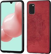 Voor Samsung Galaxy A41 Mandala in reliëf gemaakte stoffen hoes PC + TPU mobiele telefoonhoes met magnetische functie en draagriem (rood)