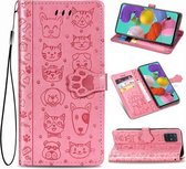 Voor Galaxy A71 5G schattige kat en hond reliëf horizontale flip lederen tas met beugel / kaartsleuf / portemonnee / lanyard (roze)