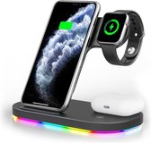 YONO Wireless Charger Oplaadstation met RGB LED Verlichting – Geschikt voor iPhone Airpods en Apple Watch – Snellader 15W 3 in 1 – Zwart