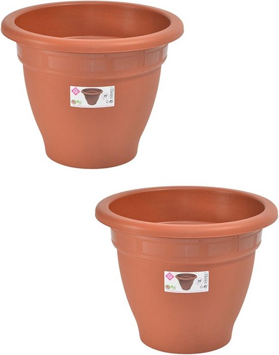 Set van 2x stuks terra cotta kleur ronde plantenpot/bloempot kunststof diameter 30 cm - Plantenbakken/bloembakken voor buiten