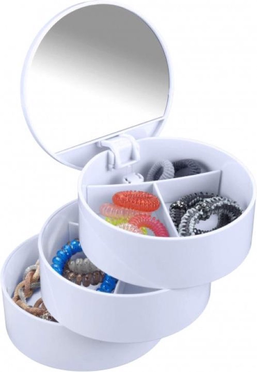 Goedkoopste WENKO organizer cosmetica - met spiegel - 3-vaks - Ø 13 cm x 14.5 cm hoog - wit kunststof