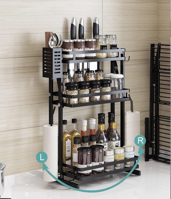 TammaT - Kruidenrek - Kruidenrek Staand - Inklapbare Keukenrek - 3-laags 35x21x56,5CM - Keuken Organizer - Aanrecht Organizer - Keuken Opslag - Roestvrij Staal - Opbergrek - Keuken organizers - Roestvrij en krasvrij