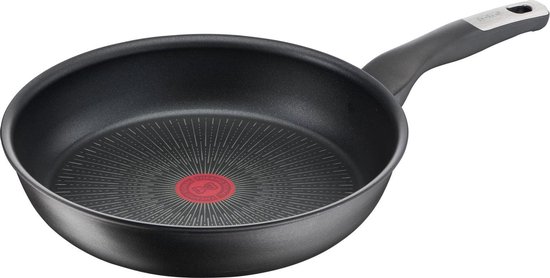 Zwarte koekenpan met rode Thermo-Spot in het midden en een zilverkleurig handvat.