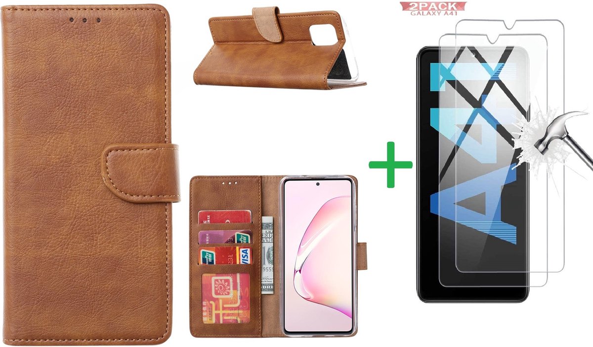 Hoesje Geschikt Voor Samsung Galaxy A41 Boek hoesje + 2X Screenprotector Bruin