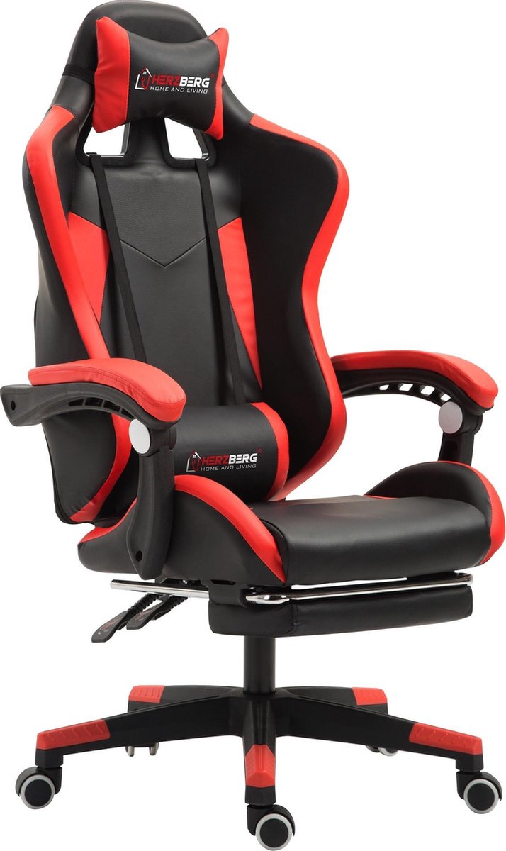 Herzberg: Ergonomische Game Stoel - Bureaustoel - Rood - Luxe en Comfort - Ademend PU-leeroppervlak