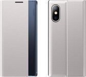 Zijruitweergave Magnetische zuigkracht Plain Grain Flip PU-leer + pc-hoes met houder voor iPhone XR (zilver)