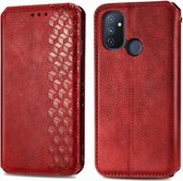 Voor One Plus Nord N100 Cubic Grid Pressed Horizontal Flip Magnetic PU Leather Case met houder & kaartsleuven & portemonnee (rood)
