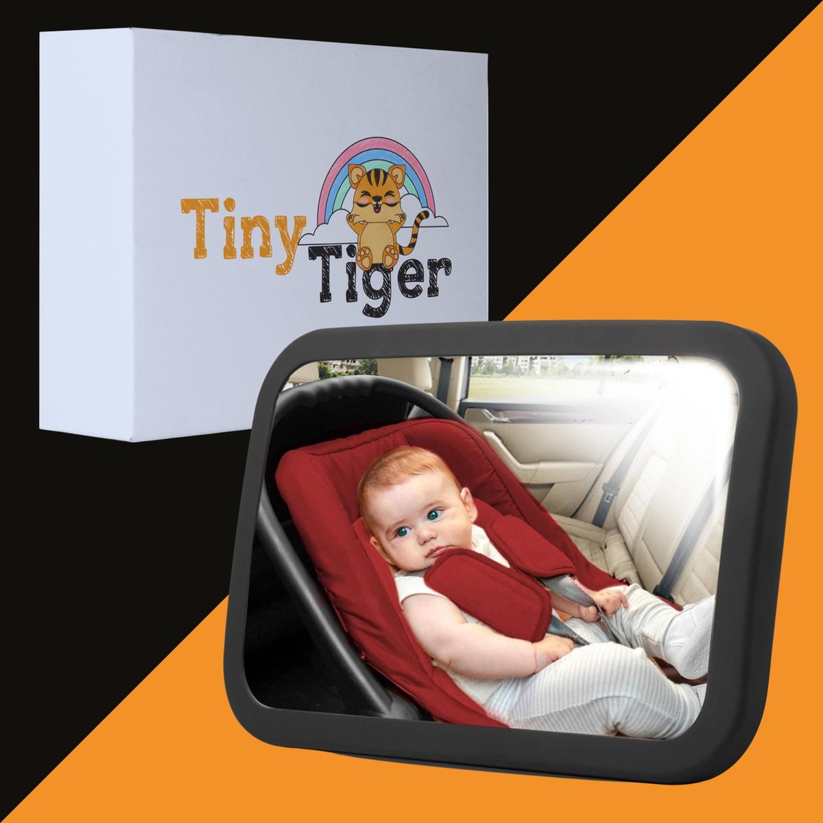 Tiny Tiger Baby Autospiegel - Onbreekbaar Glas & 360 Graden Draaibaar - Verstelbaar Hoofdsteun Achteruitkijk Kinder Spiegel - Achteruitkijkspiegel Kind - Veiligheidsspiegel Peuter - Achterbank Spiegel Kleuter - Geschikt voor Maxi Cosi Autostoel