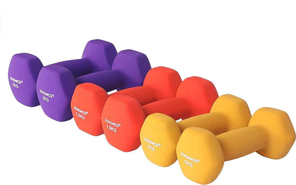 dumbbells dumbbell set, hexagon, met dumbbell stand, 2 x 1 kg, 2 x 1,5 kg, 2 x 2 kg, matte afwerking, neopreen coating, krachttraining voor dames, thuis, gym SYL69BK – foto 6