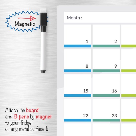 CKB Magnetische Maandplanner - Kalender 31 dagen - Magnetische koelkast Maand planner - Whiteboard met Gratis Stift - Memobord - CKB ltd