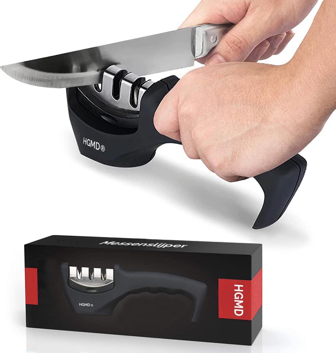 HGMD® Luxe Messenslijper - 3 Standen - Zwart - Antislip - Scharenslijper - Messen slijper - Knife sharpener - HGMD®