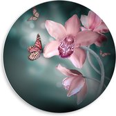 Forex Wandcirkel - Sprookjesachtige Vlinders op Bloemen - 50x50cm Foto op Wandcirkel (met ophangsysteem)