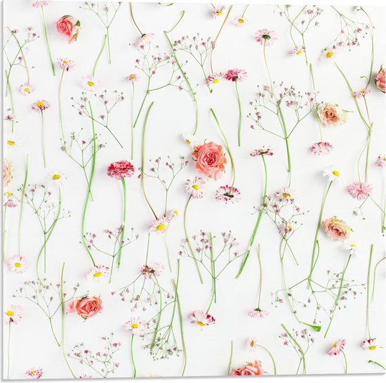 Acrylglas - Patroon van Bloemen op Witte Achtergrond - 50x50cm Foto op Acrylglas (Met Ophangsysteem)