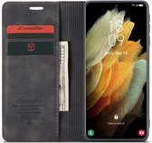 Retro Wallet Slim Case - Telefoonhoesje - Portemonnee Hoesje voor Samsung Galaxy S21 Ultra - Zwart