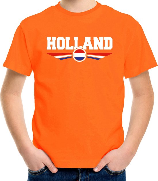 Oranje / Holland supporter t-shirt / shirt oranje met Nederlandse vlag voor kids - Nederlands elftal fan shirt / kleding / Holland supporter 146/152