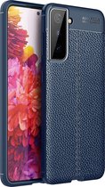 Samsung S21 Plus Hoesje Shock Proof Siliconen Hoes Case | Back Cover TPU met Leren Textuur - Blauw