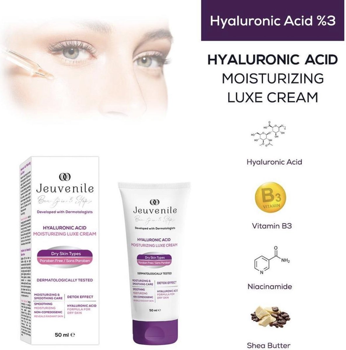 Jeuvenile Laboratoires | Hydraterende creme | Detox | Hyaluronzuur | Parabenen Vrij | Droge Huid | Dermatologisch Getest | 50 ML | Tube