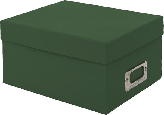 Donkergroene opbergdoos met deksel en metalen handvat.
