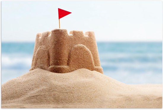 Poster – Zandkasteeltje met Vlag op het Strand - 60x40cm Foto op Posterpapier