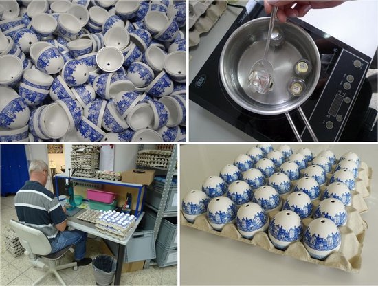 Ovenplaat met blauw-witte eierschalen en ovenplaat met eieren die koken.